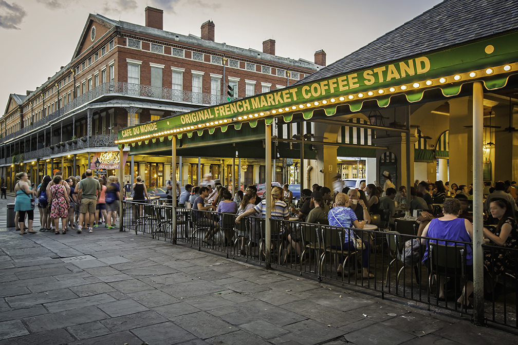 Cafe Du Monde near Jackson Square in the New Orleans' French Quarter is filled with tourist.